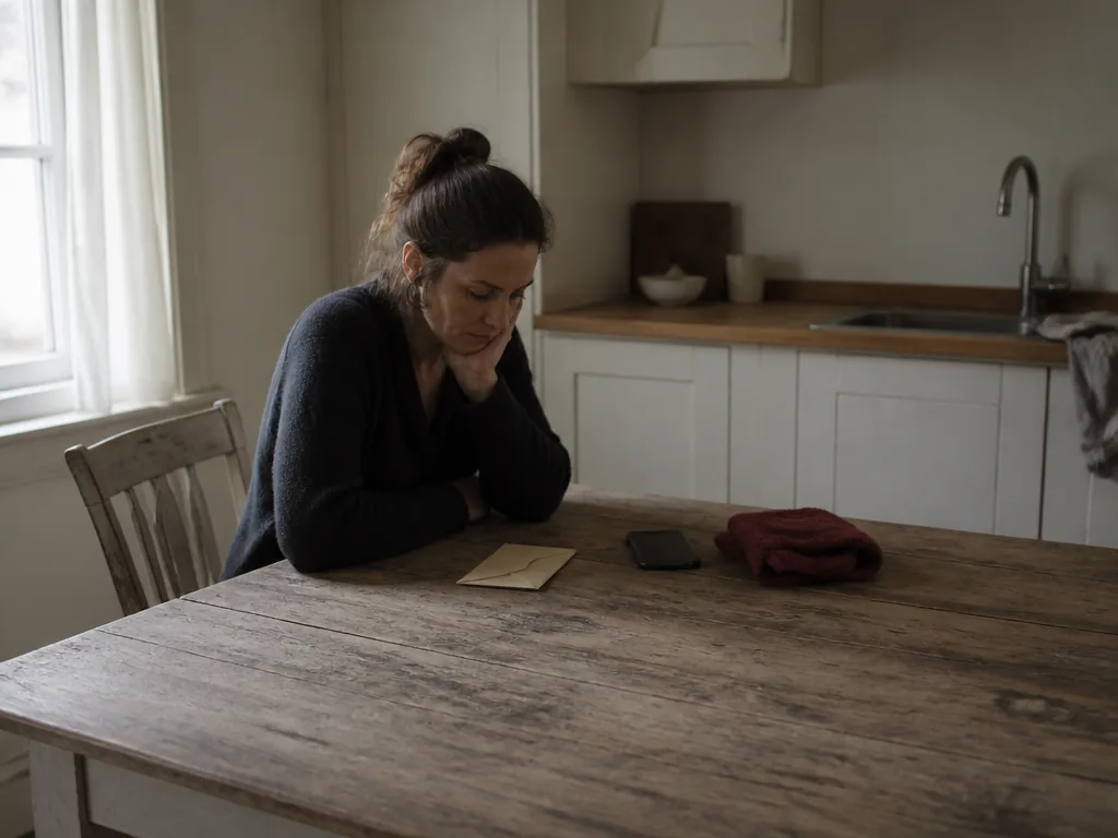 Une mère épuisée entourée de ses quatre enfants, des courriers d’allocations à la main